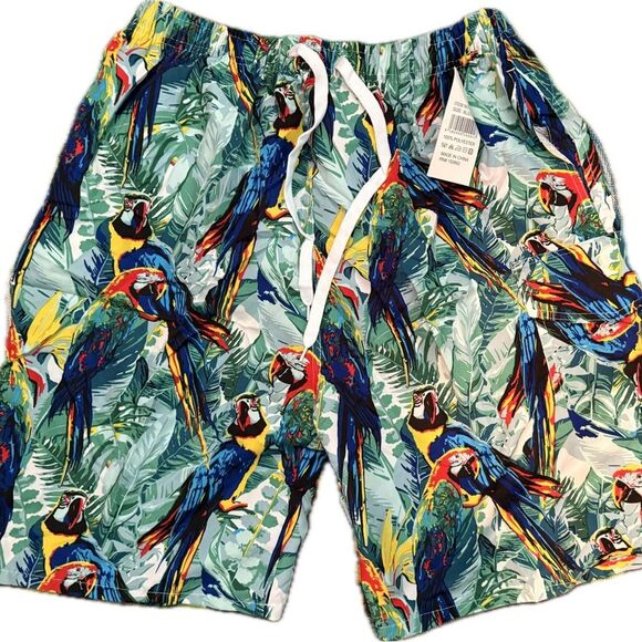 NWT Tropical Parrot Print Men's Swim Shorts - Picture 1 of 3